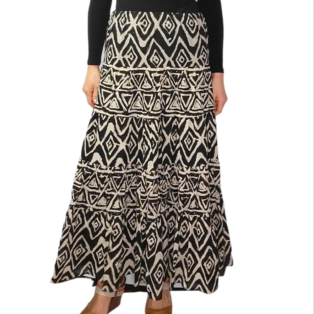 Lauren Ralph Lauren Black and White Geometric Tiered Maxi Skirt